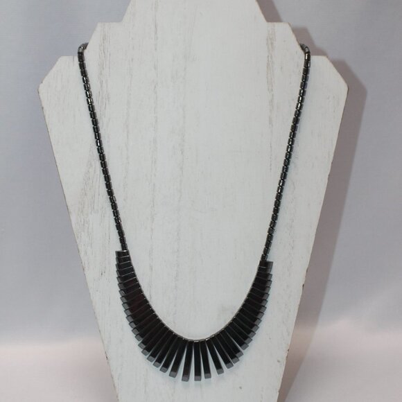 Vintage Natural Hematite Graduated Bar Necklace, 24 Inch Length - Picture 1 of 11